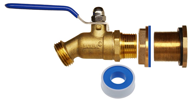 RAINPAL RBS024 Brass Rain Barrel Spigot (LF Compliant 3/4" Quarter Turn Ball Valve w/Bulkhead Fitting and Thread Tape, 7 GPM) - Image 1